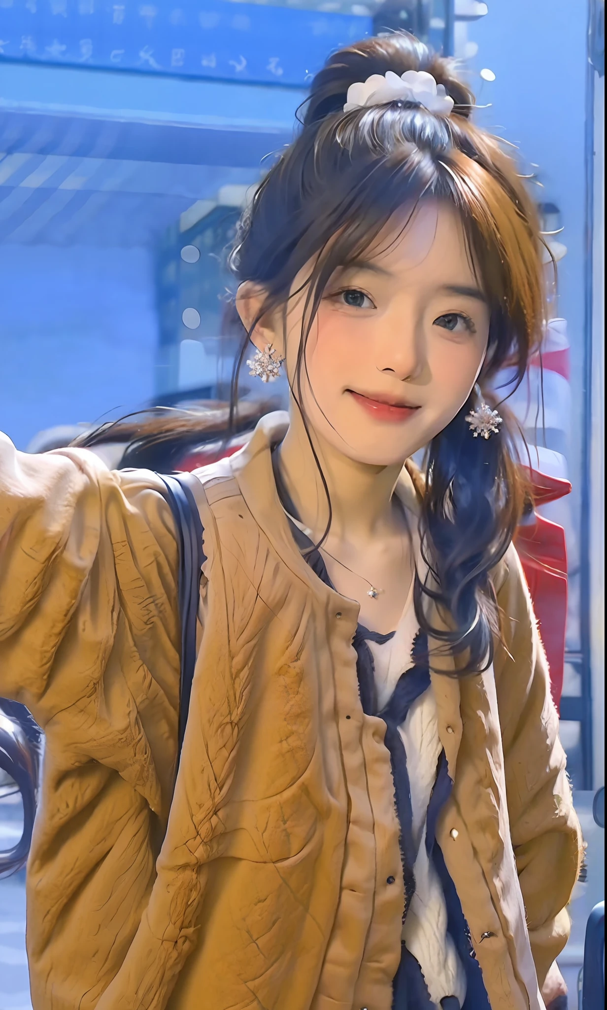 (8k, RAW photo, photorealistic:1.25) ,( Lip Gloss, eyelash, Glossy surface, Glowing skin, Best quality, Ultra-high resolution, Depth of Field, Chromatic Aberration, Caustics, Broad Light, Natural shadows, Kpop idol) Watching the audience with goddess-like happiness，hair bobbles, snowflake hair ornament, ear blush, hair over shoulder, short ponytail, mole under eye, crescent earrings, seductive smile, grin, Surrealism, drop shadow, anaglyph, stereogram, ass pov, ray tracing, cinematic lighting, 8k, super detail, ccurate, best quality, high details, ccurate, masterpiece, highres