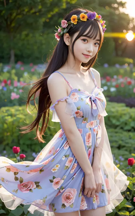 full body photo,((((slim body)))),20 years old、twilight rays、underwear showing through,sheer summer dress、flower crown,((tokugaw...