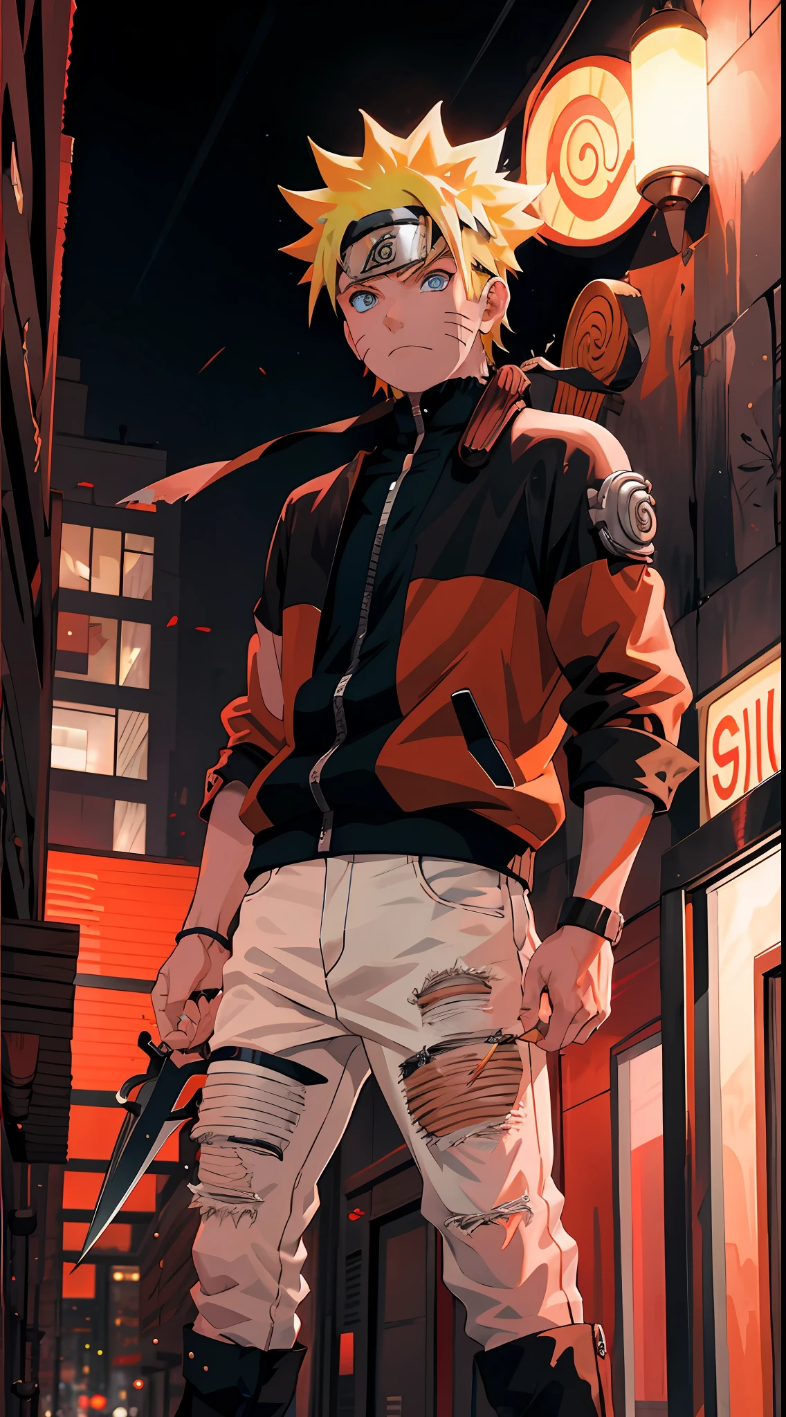 1 Junge, shonen style, blondes Haar, stacheliges Haar, Schnurrhaarflecken auf den Wangen, schwarzes und rotes Outfit, Lederjacke, Jeans, Stiefel, Bandana, Cool, blaue Augen, ein Kunai halten, Ganzkörper, Farbe --Name Naruto Uzumaki --Hintergrund Stadt bei Nacht
