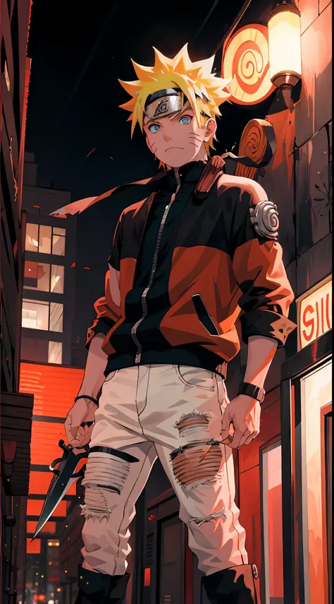 1 boy, shonen style, blonde hair, spiky hair, whisker marks on cheeks, black and red outfit, leather jacket, jeans, boots, banda...