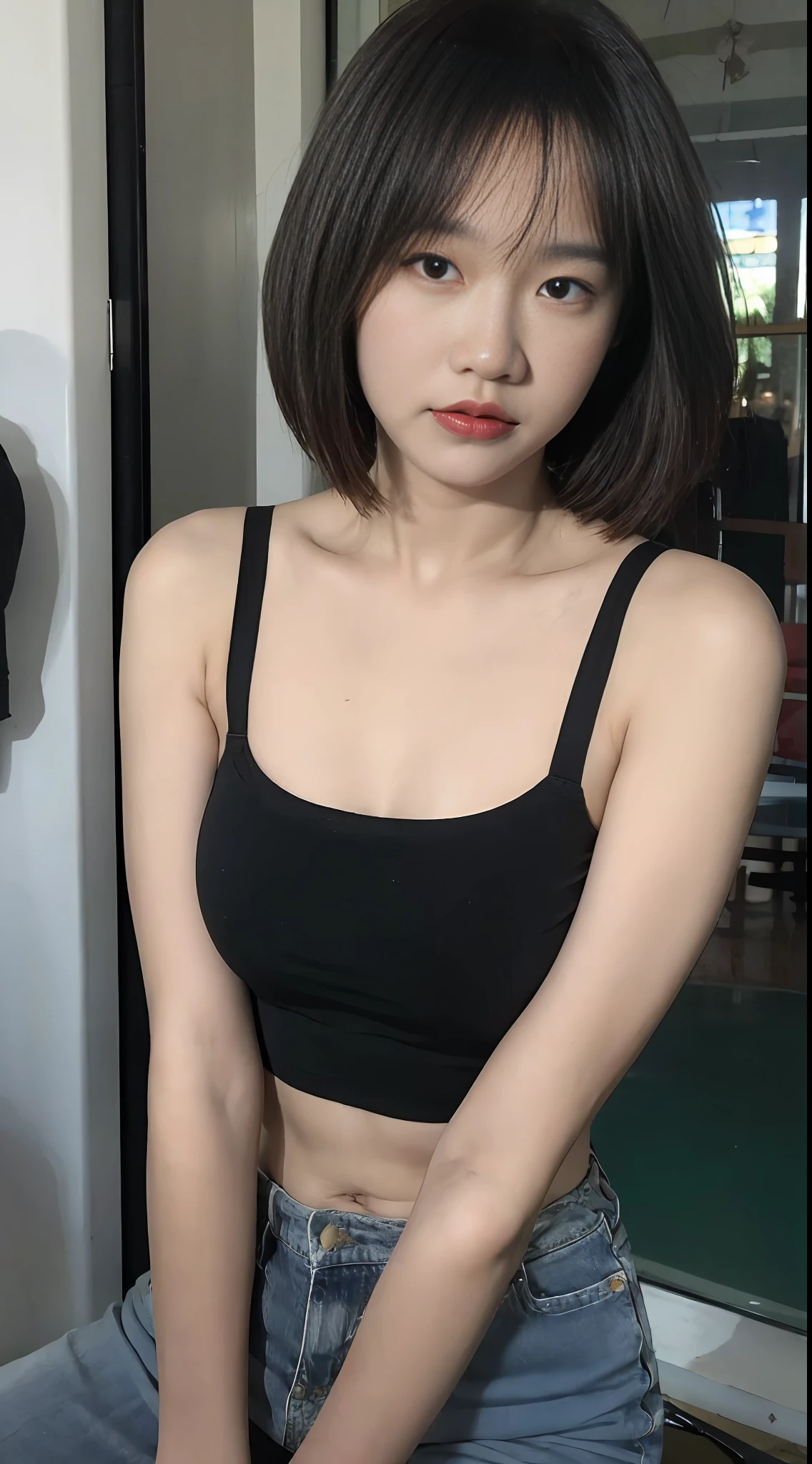 Arafed asian woman in a black top and jeans posing for a picture - SeaArt AI