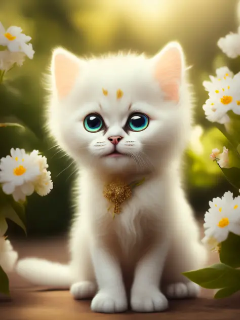 Very cute furry white tropical punk kitten, big eyes, flowers, flower bushes, full body, open mouth, laugh, professional light, depth of field 8k, golden magic moment, professional photography, octane rendering, super realistic - amazing sunlight, dynamic ...