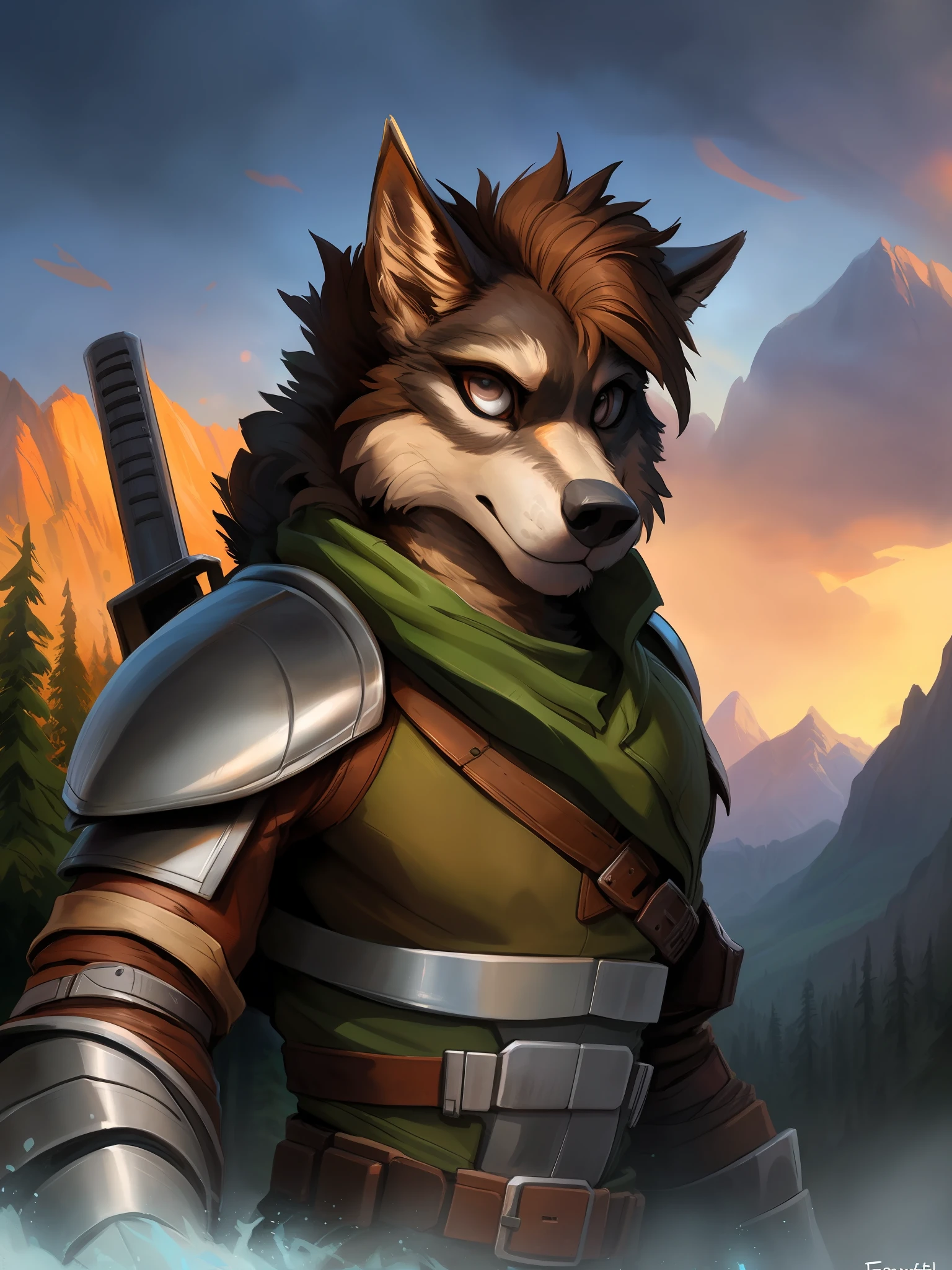 a beautiful and detailed portrait of a walking male anthro ranger wolf, rogue, scout, hunter, kenket, Bonifasko, Ross Tran,ruan jia, trending on artstation,foxovh, cenematic lighting, steel armor, serious look, black fur, white body, brown mane
Forest, mountains, clouds, distant river, silver eyes