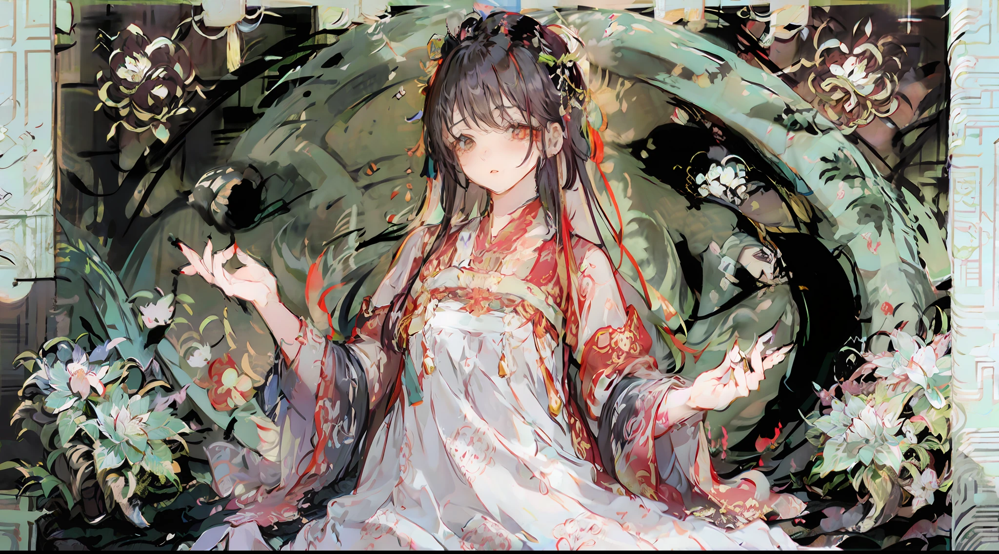 (((Estilo de pintura chinesa))), Cercado por flores, Linda mulher de cabelos compridos, com uma cabeça decorada com flores vermelhas desabrochando, figura esbelta e rechonchuda, rosto delicado.