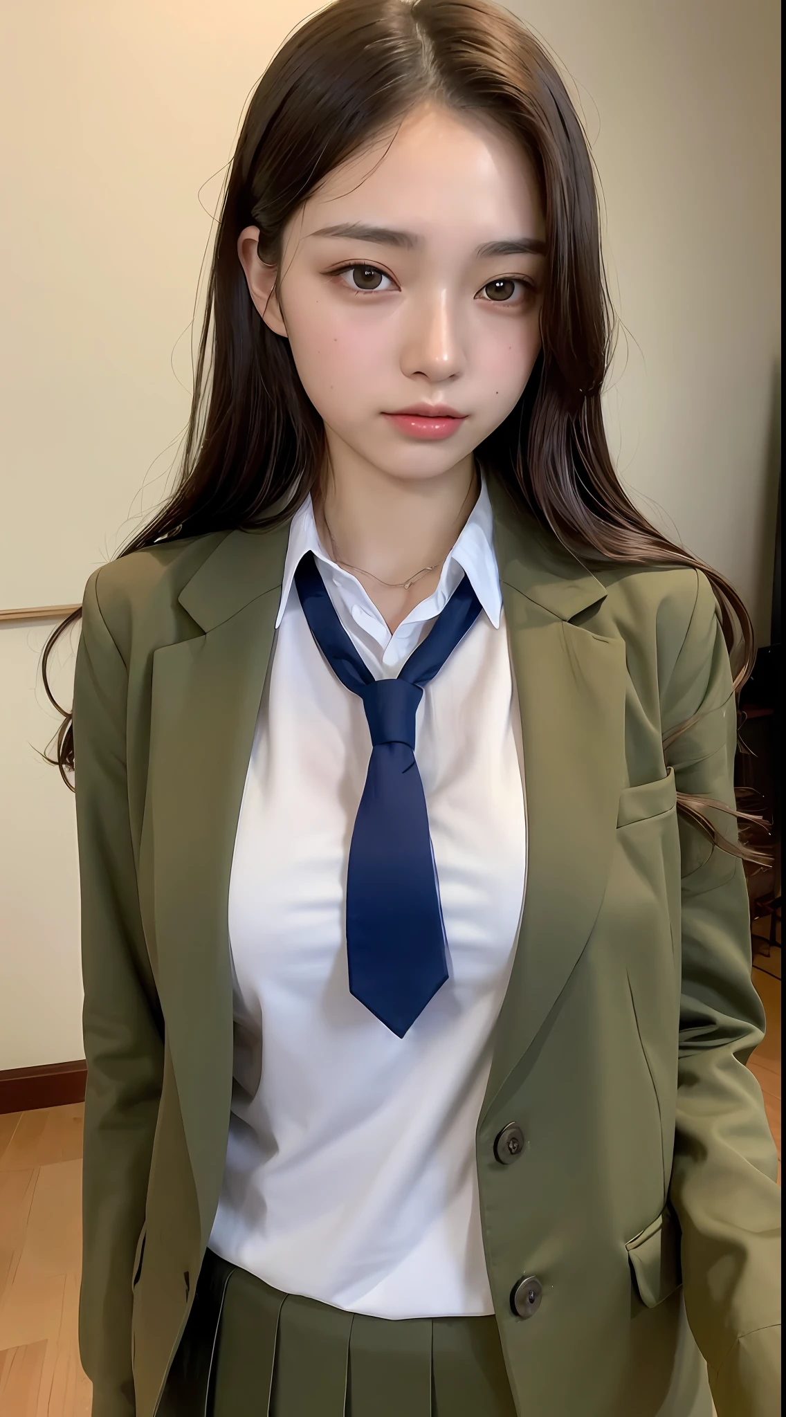 Arafed asian woman in a green suit and tie posing for a picture - SeaArt AI