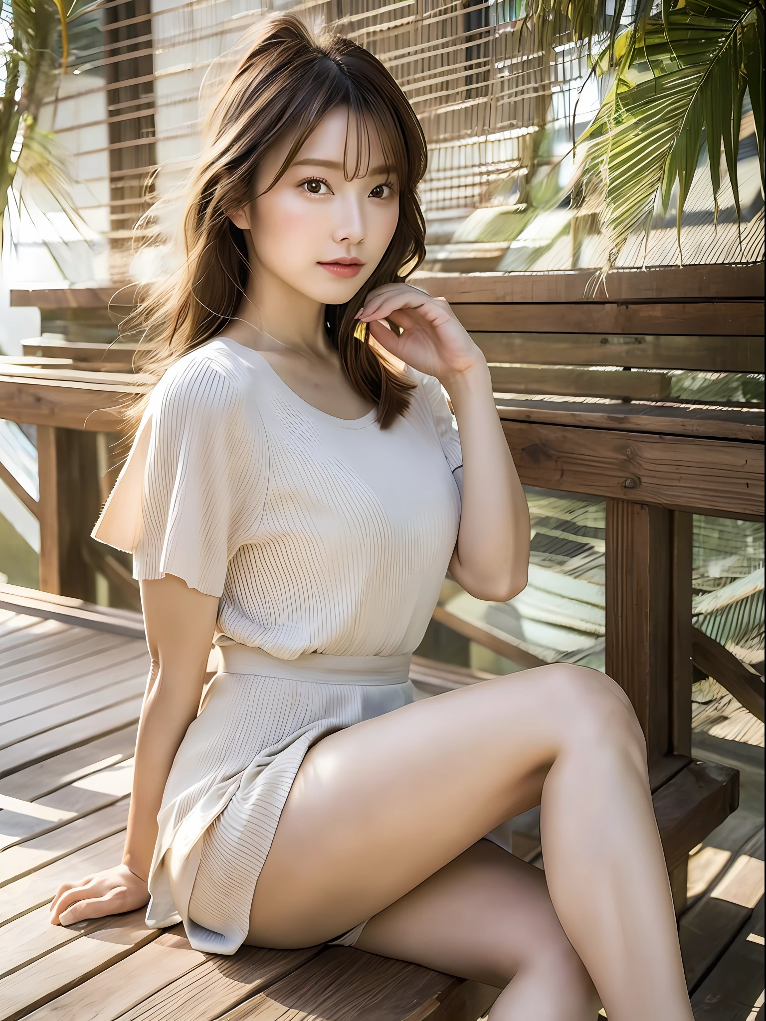 (8k, highest quality, masterpiece: 1.2), (hair_style), (realistic, photorealistic: 1.37), plump eyes, highest quality, masterpiece, in the summer sunshine, sky and sea view, shot on wooden deck, [small breasts], backlight, shooting from the waist up, camera angle from bottom to top, pose with hair raked up with hands, shot in natural light from morning to noon, Hairstyles and fashion styles that match the Japan trends of 2023, realistic, super detailed, 30s, actress, half Japanese and Russian half model, elaborate CG, slender, adorable, hairstyle matches the fashion of Japan in 2023 layer cut that flutters in the wind, delicate skin type, fine details and softness, model hair color is bright and soft, Choose a short-length T-shirt that matches the summer trends of 2023 and pair it with pale pastel colors for surf fashion.