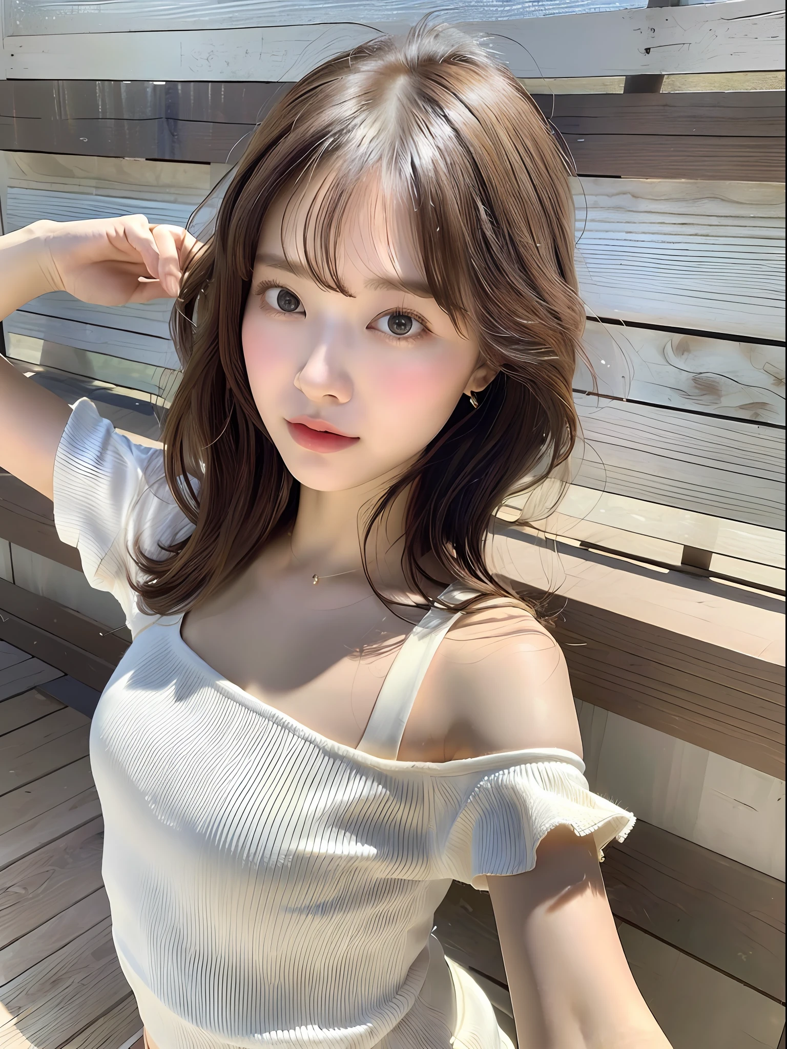 (8k, highest quality, masterpiece: 1.2), (hair_style), (realistic, photorealistic: 1.37), plump eyes, highest quality, masterpiece, in the summer sunshine, sky and sea view, shot on wooden deck, [small breasts], backlight, shooting from the waist up, camera angle from bottom to top, pose with hair raked up with hands, shot in natural light from morning to noon, Hairstyles and fashion styles that match the Japan trends of 2023, realistic, super detailed, 30s, actress, half Japanese and Russian half model, elaborate CG, slender, adorable, hairstyle matches the fashion of Japan in 2023 layer cut that flutters in the wind, delicate skin type, fine details and softness, model hair color is bright and soft, Choose a short-length T-shirt that matches the summer trends of 2023 and pair it with pale pastel colors for surf fashion.