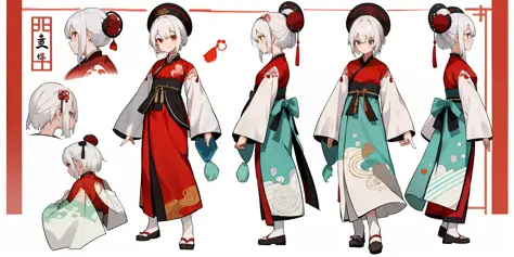 1 young girl, character sheet, Hanfu, traditional Chinese costume, long and fluent clothes, cloth shoes, full body, (masterpiece: 1.2), (best quality: 1.3), 1 girl, standing, cute, short white hair