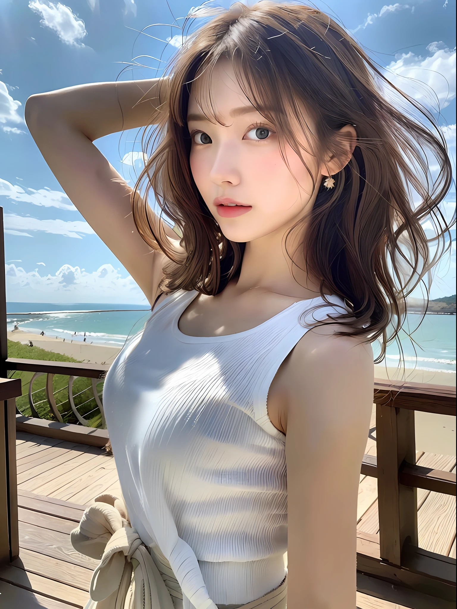 (8k, highest quality, masterpiece: 1.2), (hair_style), (realistic, photorealistic: 1.37), plump eyes, highest quality, masterpiece, in the summer sun, sky and sea background, shot on wooden deck, [small breasts], backlit, shooting from the waist up, camera angle from below, pose with hair raked up with hands, shot in natural light from morning to noon, Hairstyles and fashion styles that match the Japan trends of 2023, realistic, super detailed, 30s, actress, half Japanese and Russian half model, elaborate CG, slender, adorable, hairstyle matches the fashion of Japan in 2023 layer cut that flutters in the wind, delicate skin type, fine details and softness, model hair color is bright and soft, Choose a short-length T-shirt that matches the summer trends of 2023 and pair it with pale pastel colors for surf fashion.