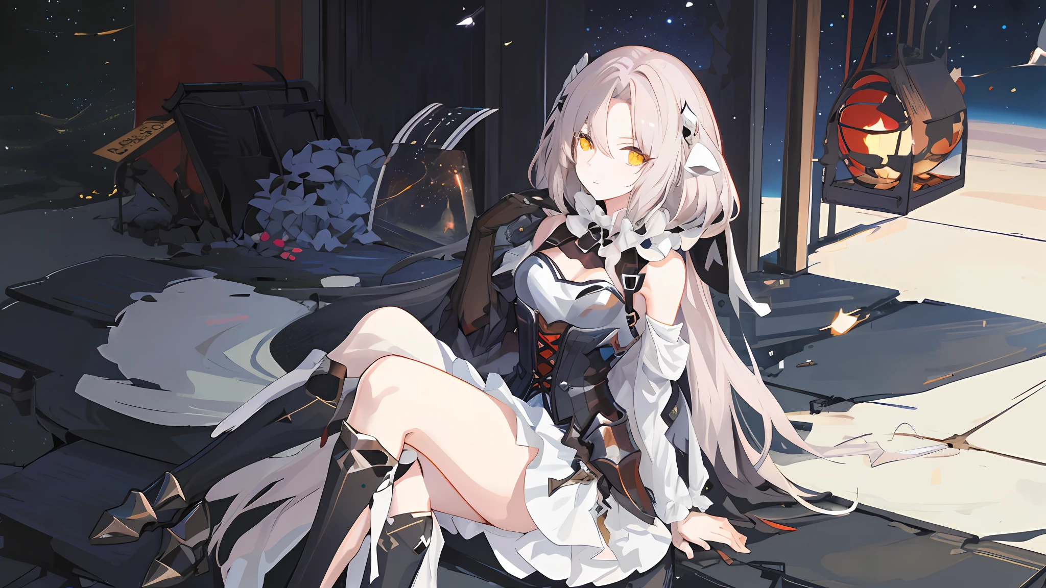 Anime girl long hair, from the night of the ark, fine details. (1girl:1.5+female_character:0.8+sit:1.2+rubble+Arknight, Girls' Frontline: 1.2, highly detailed), (Arknight: 1.2, Girls' Frontline: 1.2, feminine aesthetic), style shadow universe, scene in the universe (outer space), Girl Front. （Artstation:0.8+Pixiv:1.2+Guweiz on Artstation）