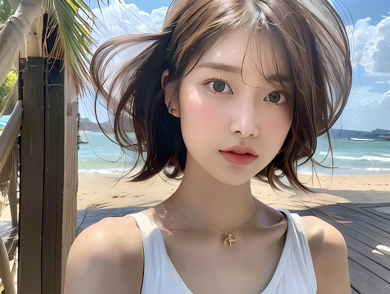 (8k, highest quality, masterpiece: 1.2), (hair_style), (realistic, photorealistic: 1.37), plump eyes, highest quality, masterpiece, in the summer sun, sky and sea background, shot on wooden deck, [small breasts], backlit, shooting from the waist up, camera angle from below, pose with hair raked up with hands, shot in natural light from morning to noon, Hairstyles and fashion styles that match the Japan trends of 2023, realistic, super detailed, 30s, actress, half Japanese and Russian half model, elaborate CG, slender, adorable, hairstyle matches the fashion of Japan in 2023 layer cut that flutters in the wind, delicate skin type, fine details and softness, model hair color is bright and soft, Choose a short-length T-shirt that matches the summer trends of 2023 and pair it with pale pastel colors for surf fashion.