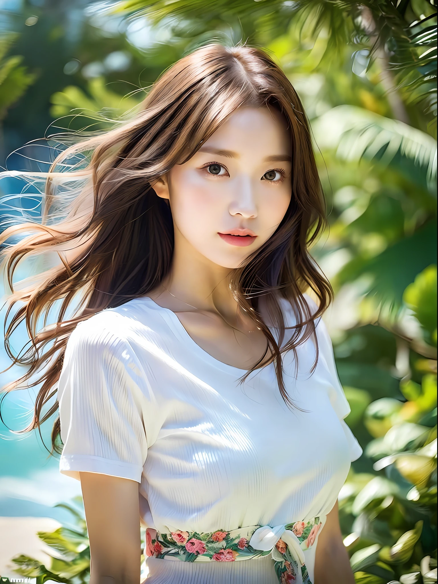 (8k, highest quality, masterpiece: 1.2), (hair_style), (realistic, photorealistic: 1.37), plump eyes, highest quality, masterpiece, in the summer sun, sky and sea background, shot on wooden deck, [small breasts], backlit, shooting from the waist up, camera angle from below, pose with hair raked up with hands, shot in natural light from morning to noon, Hairstyles and fashion styles that match the Japan trends of 2023, realistic, super detailed, 30s, actress, half Japanese and Russian half model, elaborate CG, slender, adorable, hairstyle matches the fashion of Japan in 2023 layer cut that flutters in the wind, delicate skin type, fine details and softness, model hair color is bright and soft, Choose a short-length T-shirt that matches the summer trends of 2023 and pair it with pale pastel colors for surf fashion.