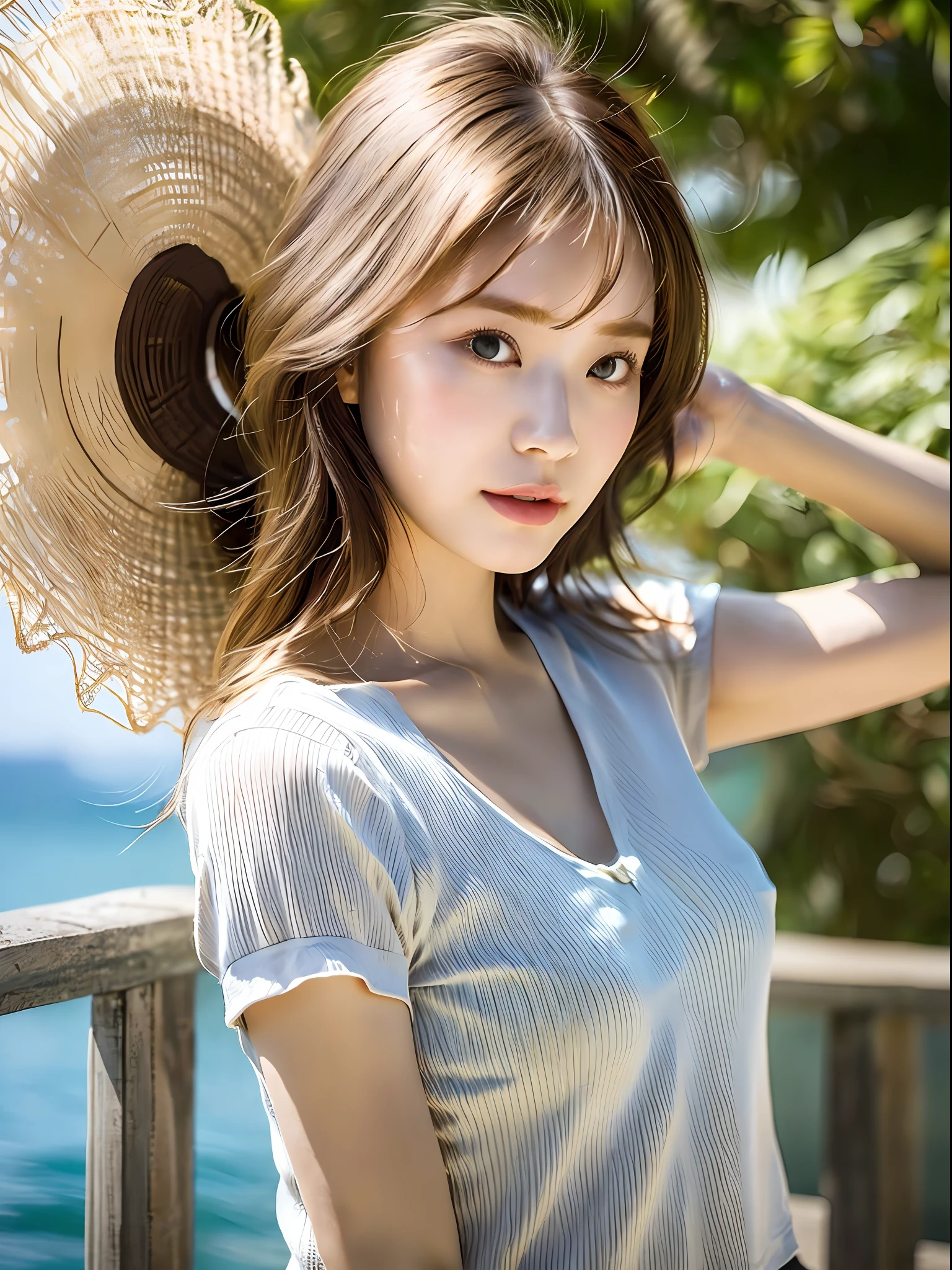 (8k, highest quality, masterpiece: 1.2), (hair_style), (realistic, photorealistic: 1.37), plump eyes, highest quality, masterpiece, in the summer sun, sky and sea background, shot on wooden deck, [small breasts], backlit, shooting from the waist up, camera angle from below, pose with hair raked up with hands, shot in natural light from morning to noon, Hairstyles and fashion styles that match the Japan trends of 2023, realistic, super detailed, 30s, actress, half Japanese and Russian half model, elaborate CG, slender, adorable, hairstyle matches the fashion of Japan in 2023 layer cut that flutters in the wind, delicate skin type, fine details and softness, model hair color is bright and soft, Choose a short-length T-shirt that matches the summer trends of 2023 and pair it with pale pastel colors for surf fashion.