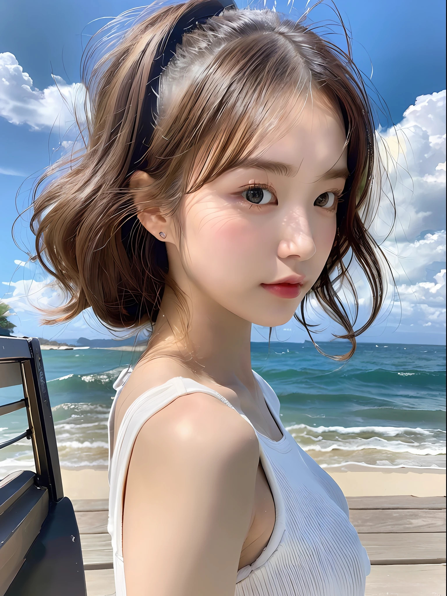 (8k, highest quality, masterpiece: 1.2), (hair_style), (realistic, photorealistic: 1.37), plump eyes, highest quality, masterpiece, in the summer sun, sky and sea background, shot on wooden deck, [small breasts], backlit, shooting from the waist up, camera angle from below, pose with hair raked up with hands, shot in natural light from morning to noon, Hairstyles and fashion styles that match the Japan trends of 2023, realistic, super detailed, 30s, actress, half Japanese and Russian half model, elaborate CG, slender, adorable, hairstyle matches the fashion of Japan in 2023 layer cut that flutters in the wind, delicate skin type, fine details and softness, model hair color is bright and soft, Choose a short-length T-shirt that matches the summer trends of 2023 and pair it with pale pastel colors for surf fashion.