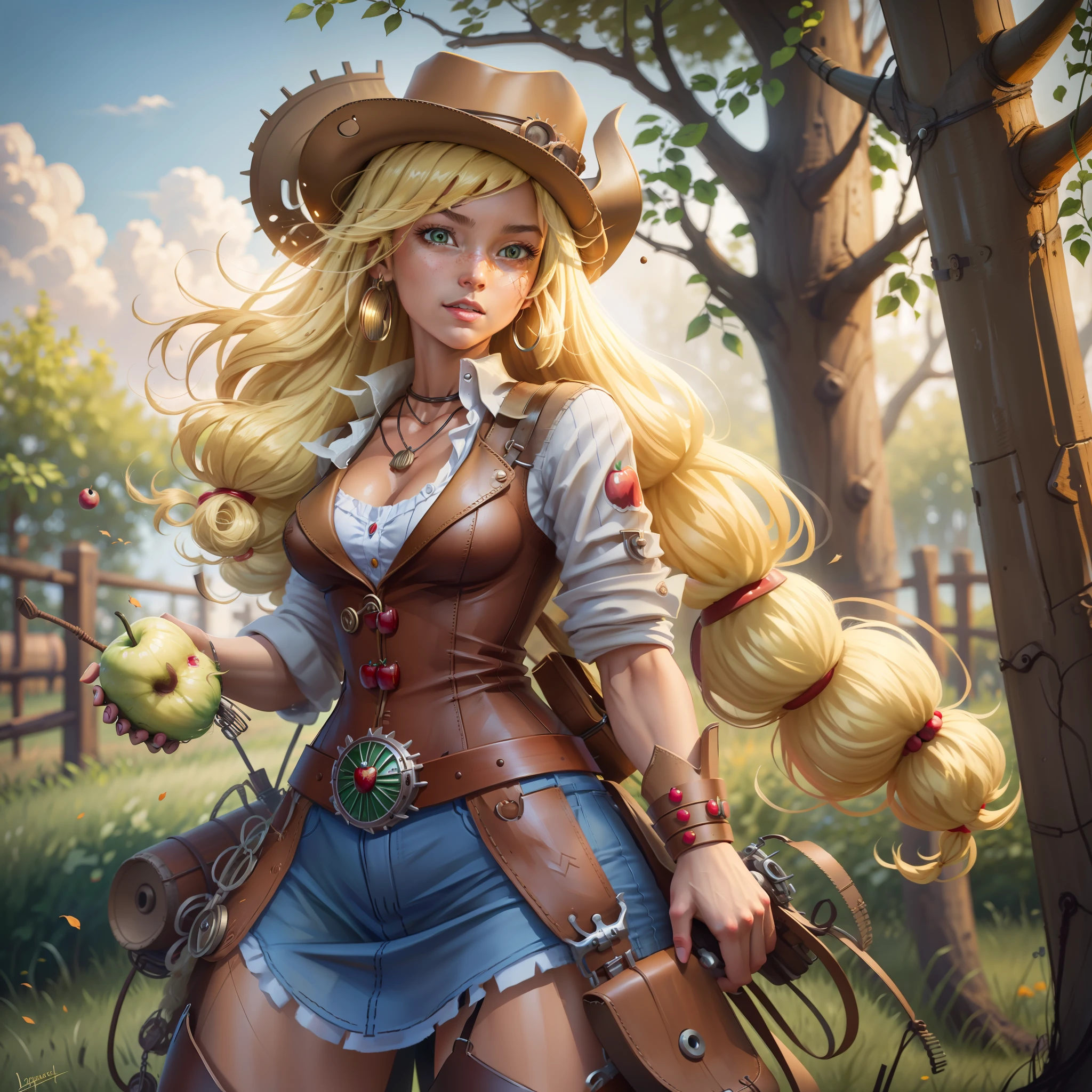 AppleJack, AppleJack from my little pony, AppleJack in the form of a girl, long hair, lush hair, steampunk, steampunk machinery, golden gears, not human, gear leather, cowboy boots, full-length, cowboy hat, apple earrings, on a farm with apple trees, steampunk style, a lot of magic, lightning nets, best quality, very detailed, ultra 8k resolution