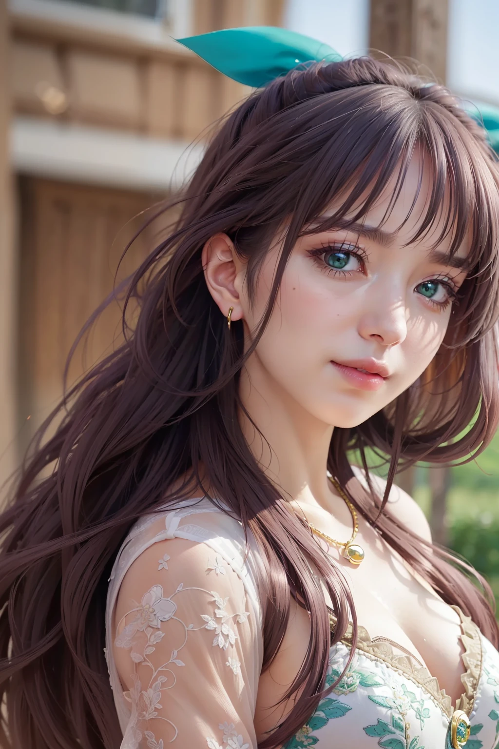 ((high quality, realistic, RAW photo, detailed skin, master peace, a perfact beautiful girl, detailed eyes, cinematic light)), smlie, aoi_sakurako, paple hair, long hair, ribbon, green eyes, beautiful makeup