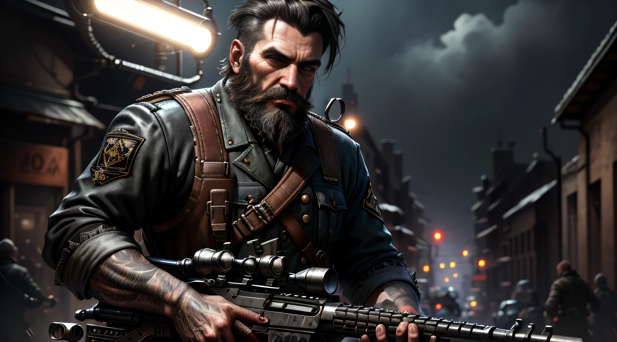 Guerrilla with worn black uniform, uses rifle, beard, Ruined background, realistic, stylish, rutkowski, hdr, intricate details, hyperdetailed, cinematic, rim light, danger atmosphere, noir, night, red light, dark street, rain, 4k, short hair