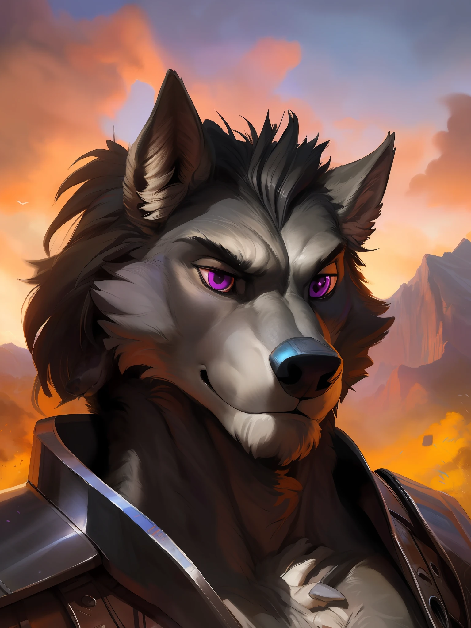 a beautiful and detailed portrait of a male anthro wolf,  Heracles, Apollo, Zeus, kenket, Bonifasko, Ross Tran,ruan jia, trending on artstation,foxovh, cenematic lighting, steel armor, serious look, gray fur, black mane
Forest, mountains, clouds, distant river, violet eyes