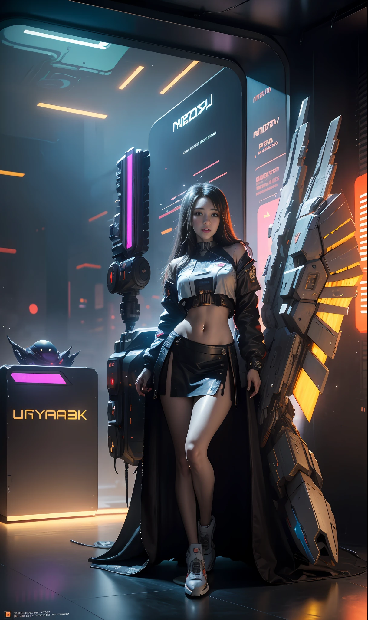 ((Best Quality)), ((Masterpiece)), (High Definition:1.3), 3D, Beautiful, Portrait, (Cyberpunk:1.6), Universe, Nebula, (holding_weapon:1.3), Laser, (1 Female Mecha:1.3), Sexy Body, Facing the Audience, Glowing Eyes, Full Body, (Fly, Swoop, Dynamic, Motion Blur: 1.4), (Giant Mech Wings: 1.6) ), Look Up, Mecha, Panorama, Earth Background, Nebula, Space, Particles, Reality, HDR (High Dynamic Range), Ray Tracing, NVIDIA RTX, Super Resolution, Unreal 5, Subsurface Scattering, PBR Textures, Post-Processing, Anisotropic Filtering, Depth of Field, Maximum Clarity and Clarity, Multilayer Textures, Albedo Map and specular maps, surface shading, accurate simulation of light material interactions, perfect proportions, octane rendering, two-tone lighting, large aperture, low ISO, white balance, rule of thirds, 8K RAW, efficient subpixel, subpixel volume products, (highest quality), (Japanese:0.5), (Korean: 0.8), (Liu Yifei: 1.5) Long Hair, (Big: 1.2), (Under: 1.5), (White Transparent Lace Mini Skirt: 1.5), DJ Booth