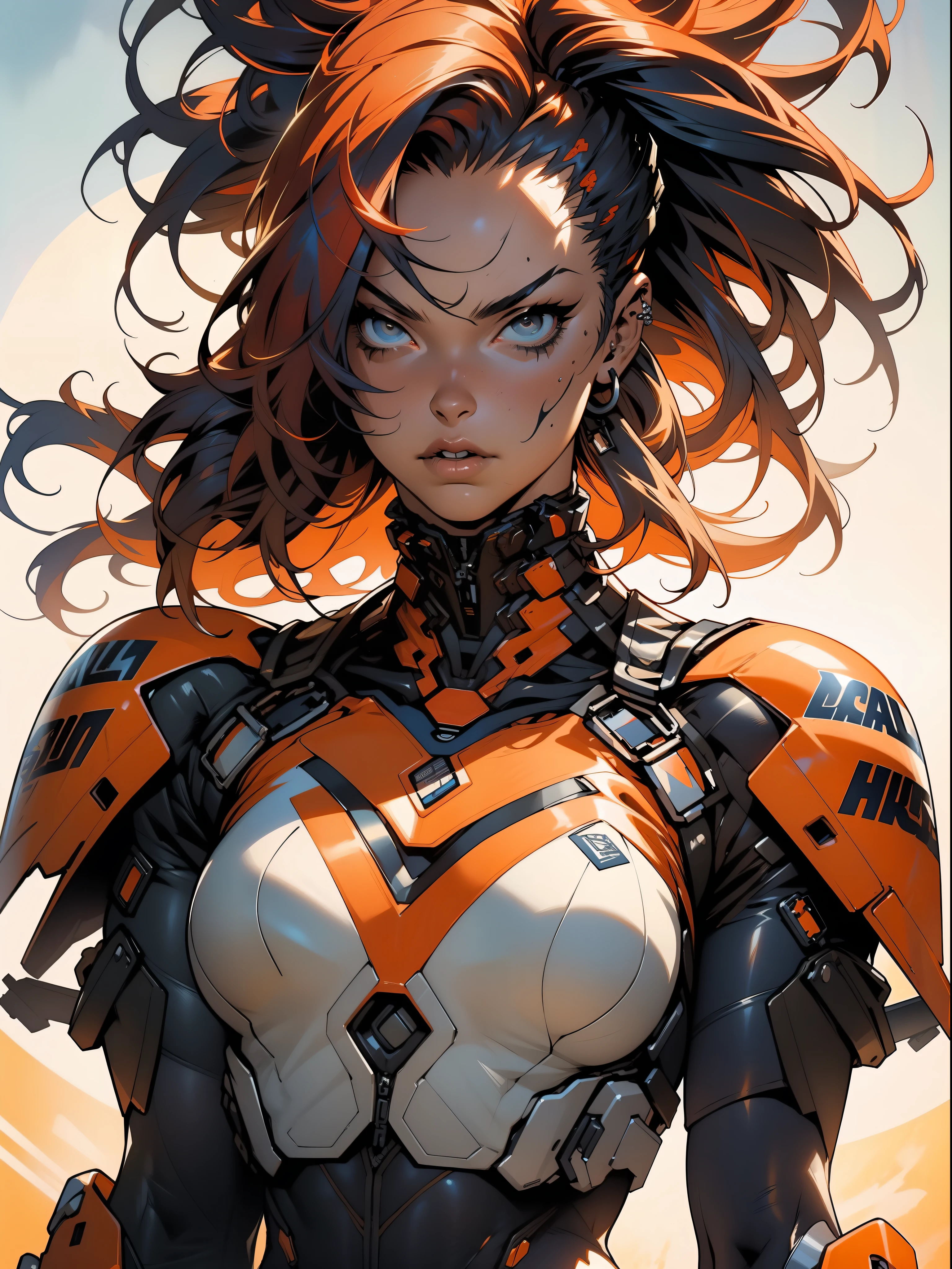 (((woman))), (((best quality))), (((masterpiece))), (((adult))), A muscular 35-year-old warrior woman nearly naked in Simon Bisley's urban savage style for the cover of Heavy Metal magazine, colorful mohawk hair, Minimal clothing, orange and blue carbon fiber armor full of ink-stained spikes and rivets,