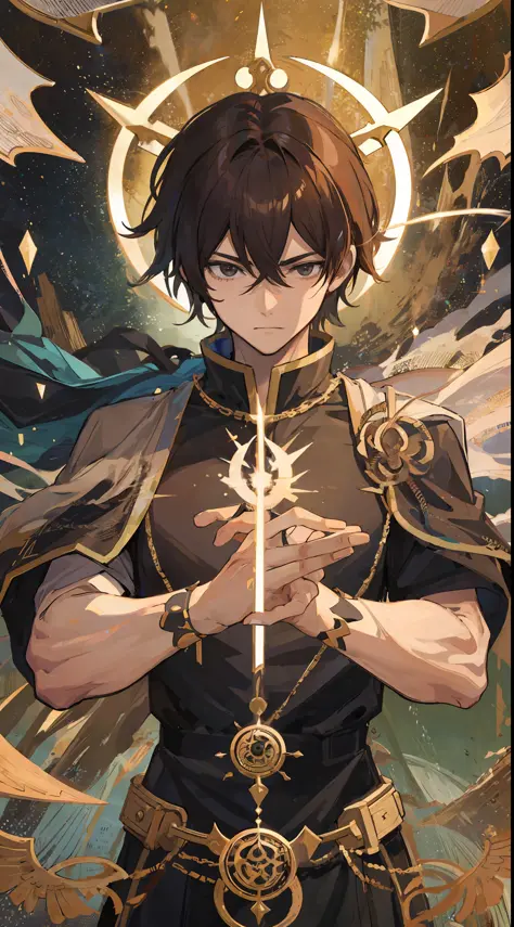 1man, brown hair, sharp black eyes, he is the god of commerce, make it like tarot anime-style but no frame