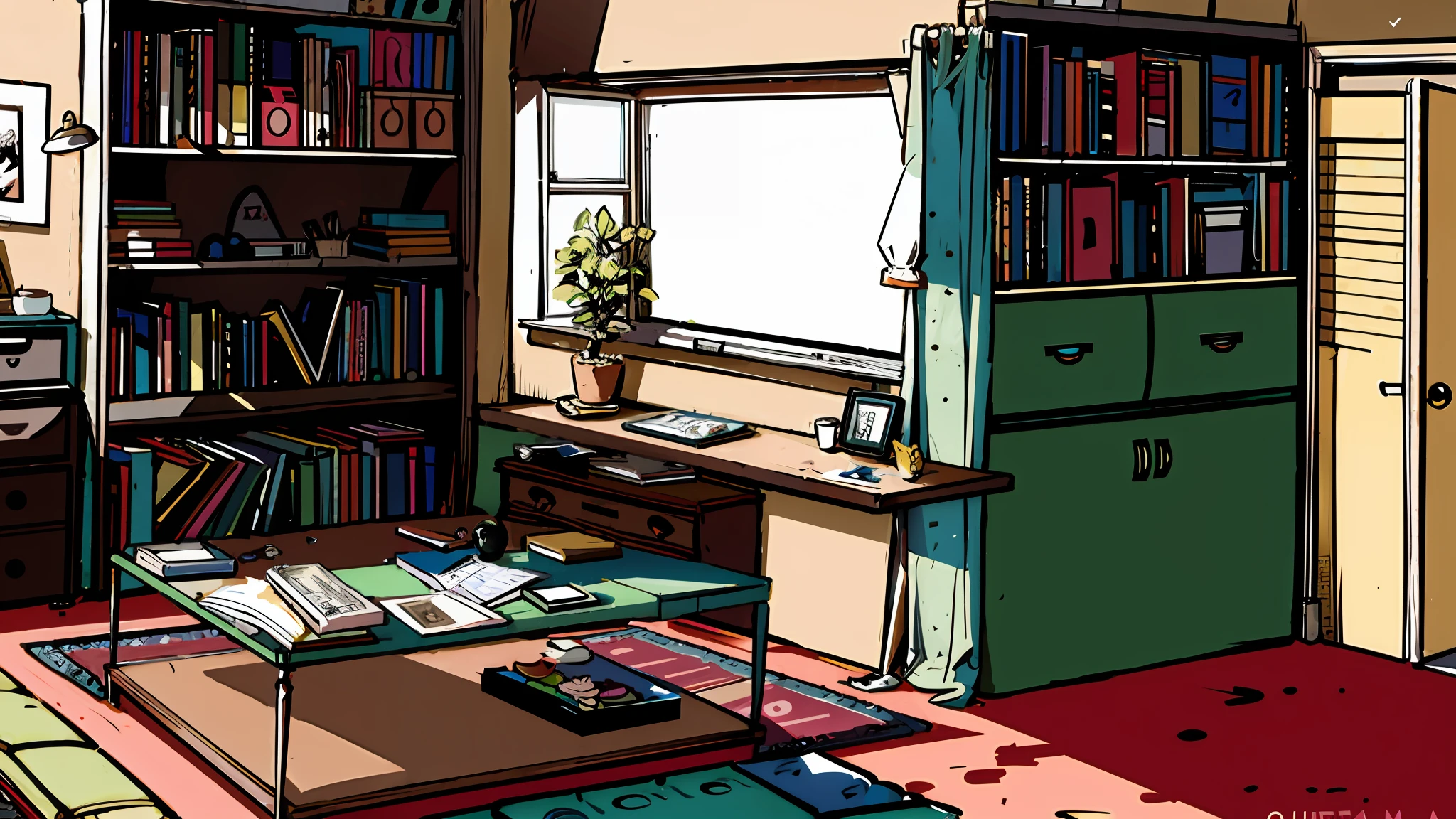 a drawing of a room with a couch, a table and a bookcase, furniture concept photo!!, bedroom background, line work concept art, personal room background, concept art sketch, inside of a bedroom, concept piece, concept art!, concept drawing, concept sketch, concept illustration, 1-point perspective, bed on the right, sketch - up, 2 - point perspective --auto --s2