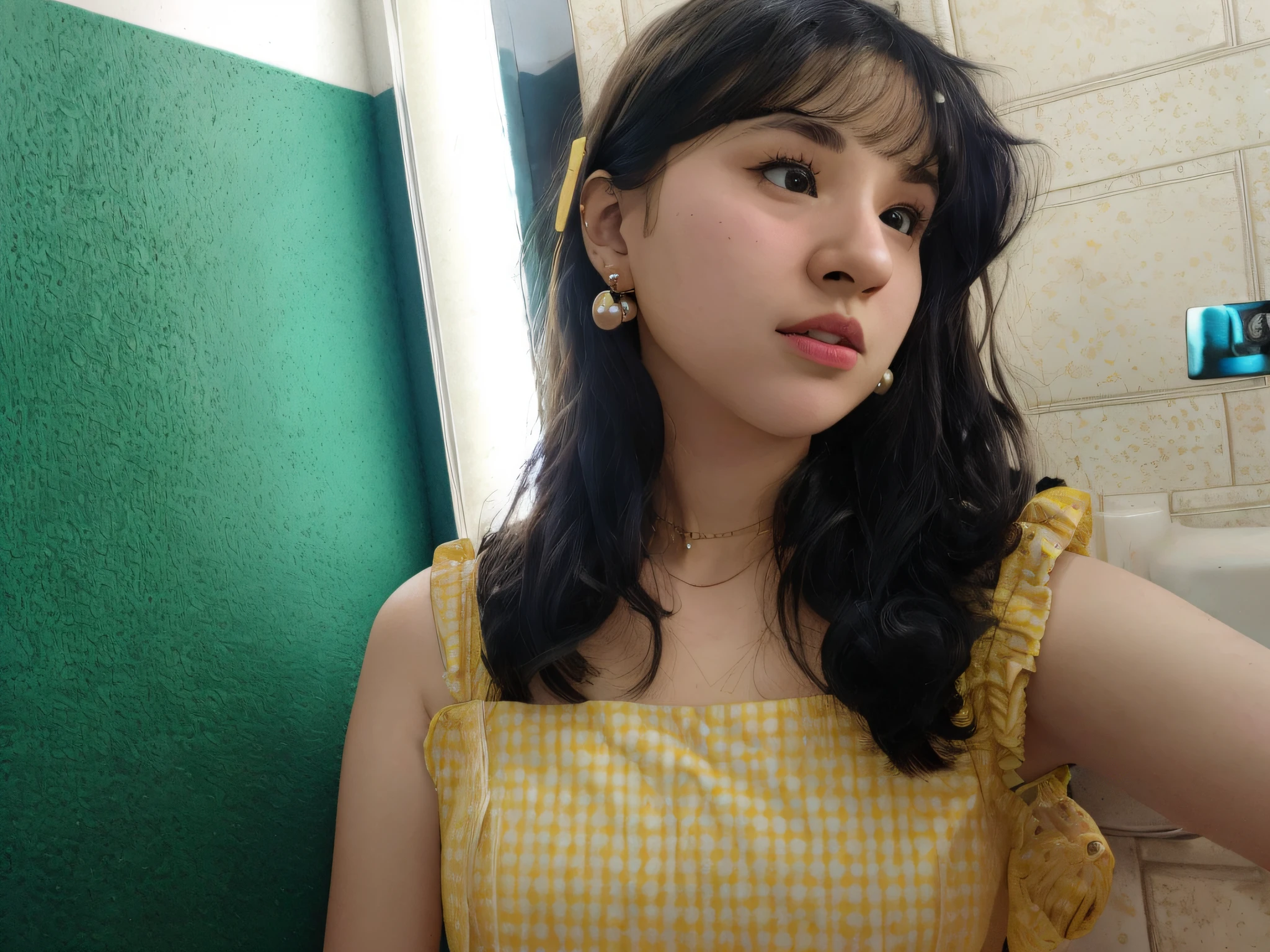 arafed woman taking a selfie in a bathroom mirror, 🤤 girl portrait, wearing pearl earrings, wearing yellow croptop, with round face, lofi portrait at a window, with short hair, 8k selfie photograph, wavy hair yellow theme, 🤬 🤮 💕 🎀, wearing wheat yellow gauze, girl with a pearl earringl, lofi portrait