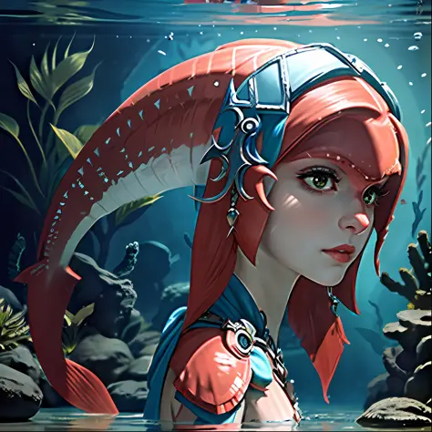 mipha \(zelda\), in water, portrait, movie still, 4k, dslr, in aquarium, inside, underwater, close up on face, close up on eyes,...