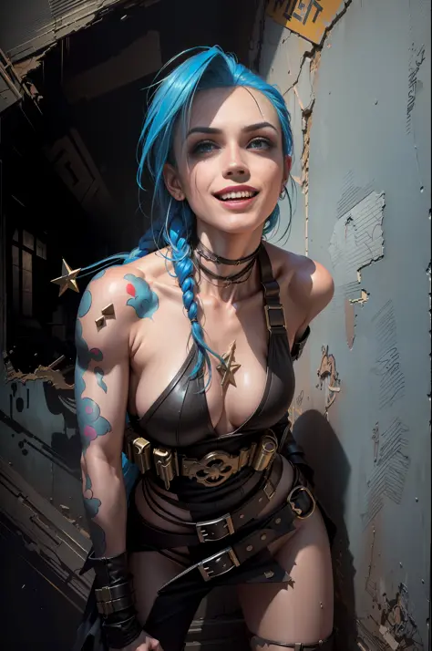 ((Best quality)), ((masterpiece)), (highly detailed:1.3), arcane style, comic style + hyper-realistic oil painting, full cinematic poster of Jinx from Acane in dynamic pose, Big smile. highly detailed, detailed face, realistic, Hot body, Nice boobs, NSFW. ...
