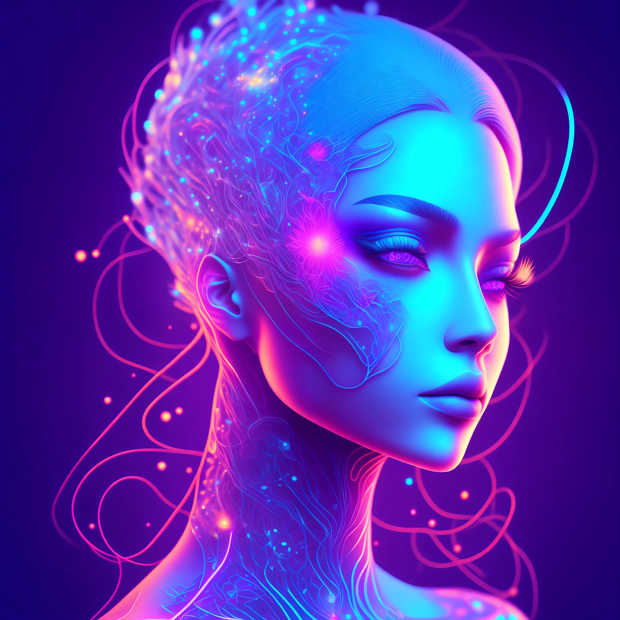 a digital painting of a woman's face, intricate neon circuit pattern ...