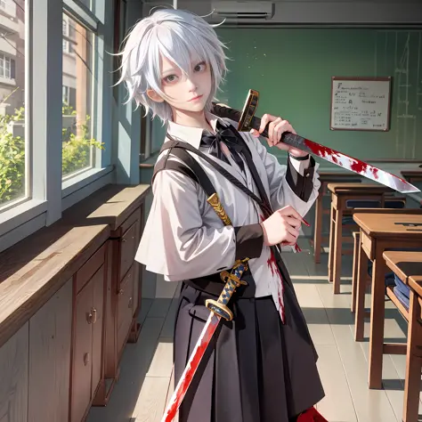 An anime boy in the classroom has white hair and blood stains on his face and holds a sword in his hand