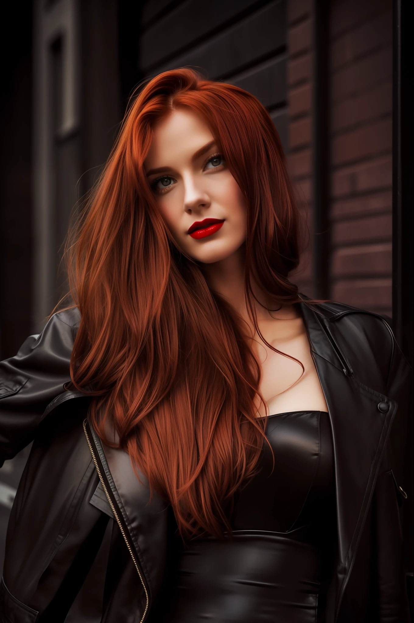 Street style photo. full body, redhead, long hair, detailed brown eyes, shadow, woman, ((chest)), ((erect nipple)), red lips, nostalgia, (hand on hip:1.2 ), High Detail, Sharp focus, city at night