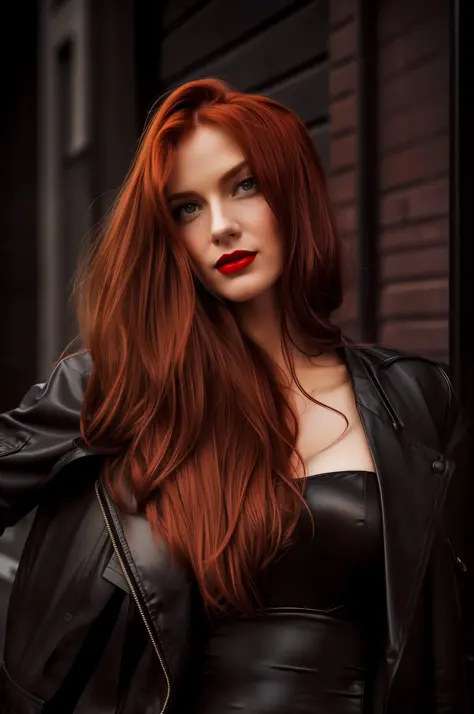 Street style photo. full body, redhead, long hair, detailed brown eyes, shadow, woman, ((chest)), ((erect nipple)), red lips, no...