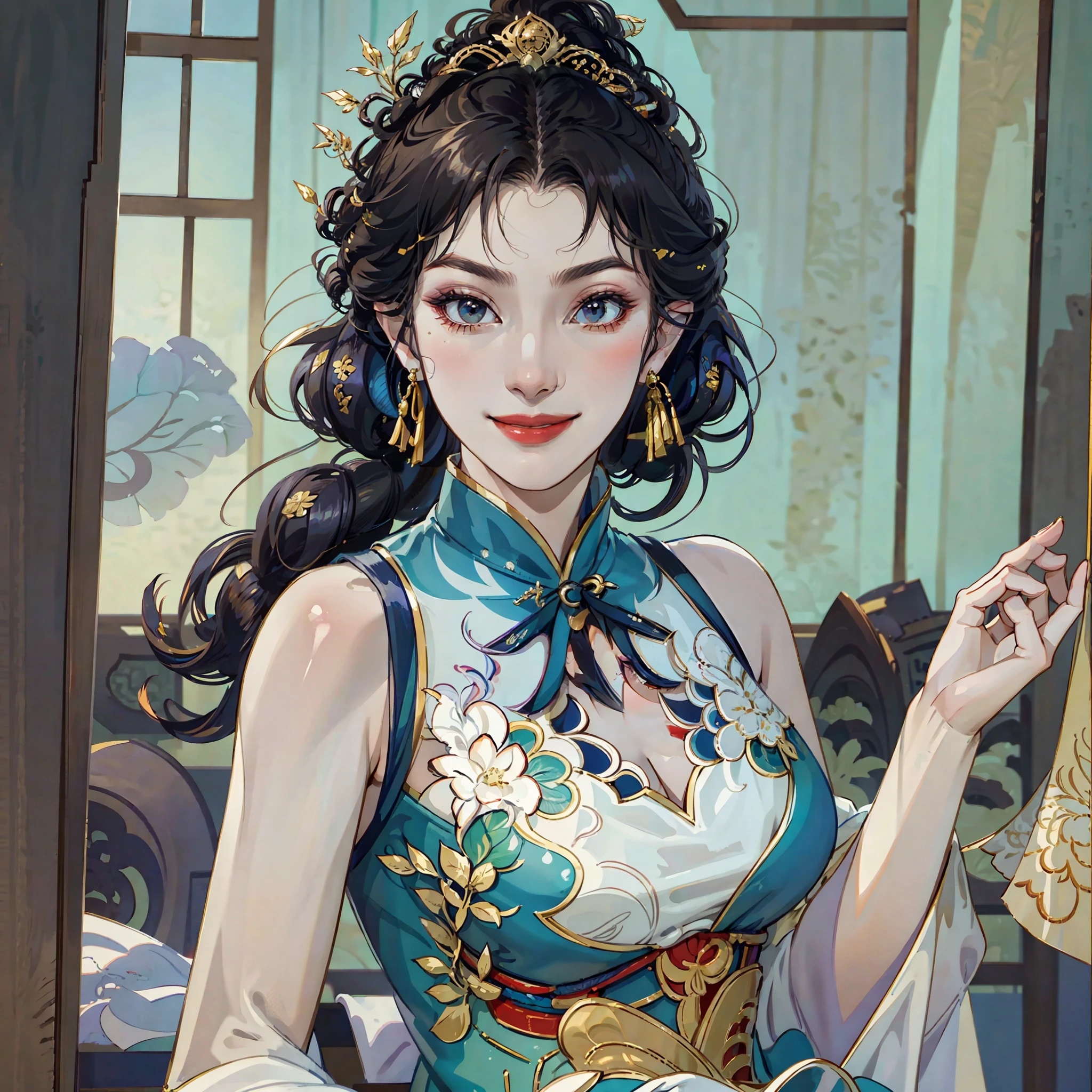 Stand sideways, elegent, Look ahead, As graceful as a swan, Wearing a silk cheongsam, The cheongsam pattern is delicate, wavy hair, kamina shades, hoop earrings, smile, Sony FE GM, Hyperrealism, depth of field, UHD, retina, masterpiece, 4K, high details --auto --s2