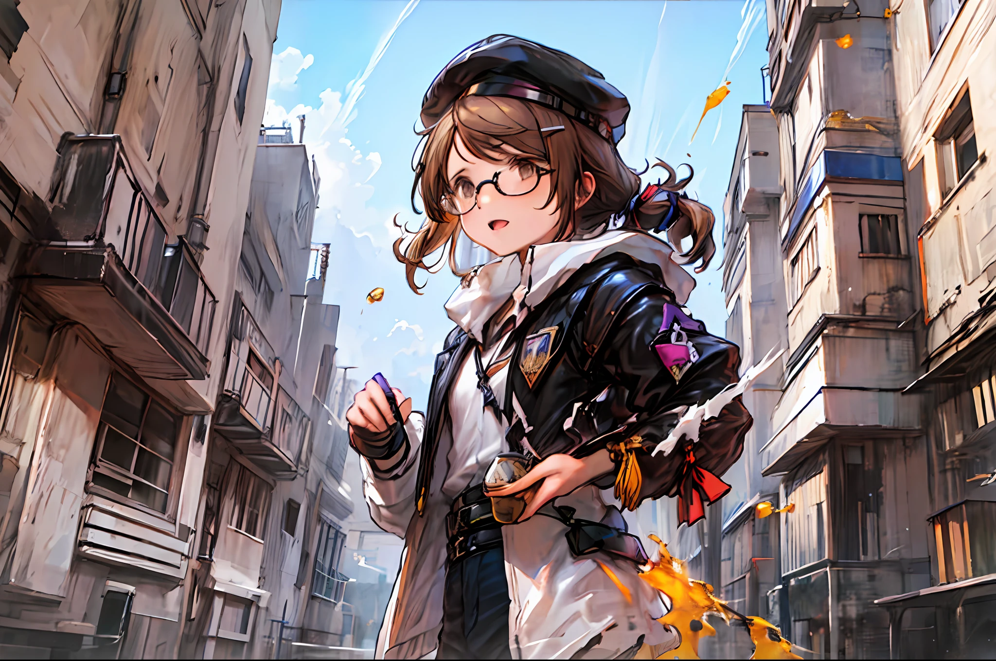 1girl, short curly light brown hair, low short ponytail, round glasses, brown eyes, flat chest, black baggy shirt, purple open hoodie, purple cap, denim, casual, gold trim, loli, pov, cinematic lighting, masterpiece, best quality, highres, UHD, splash art, fantasy ruins background, Kazuya Takahashi, concept art