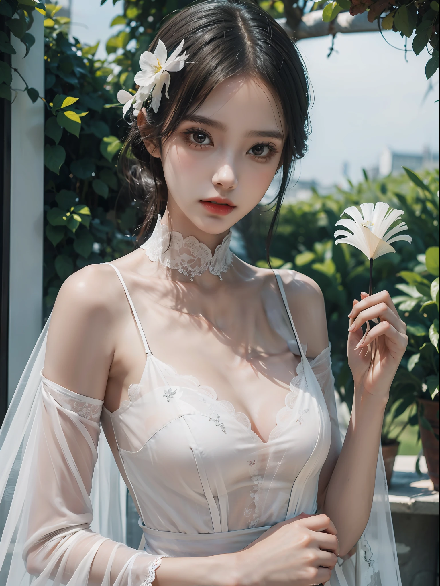 1 chica,solo, alto y delgado, Rasgos faciales delicados, y ojos profundos. lleva un hermoso vestido, con una flor blanca en la cabeza y un abanico de plumas blancas en la mano, pareciendo muy elegante.