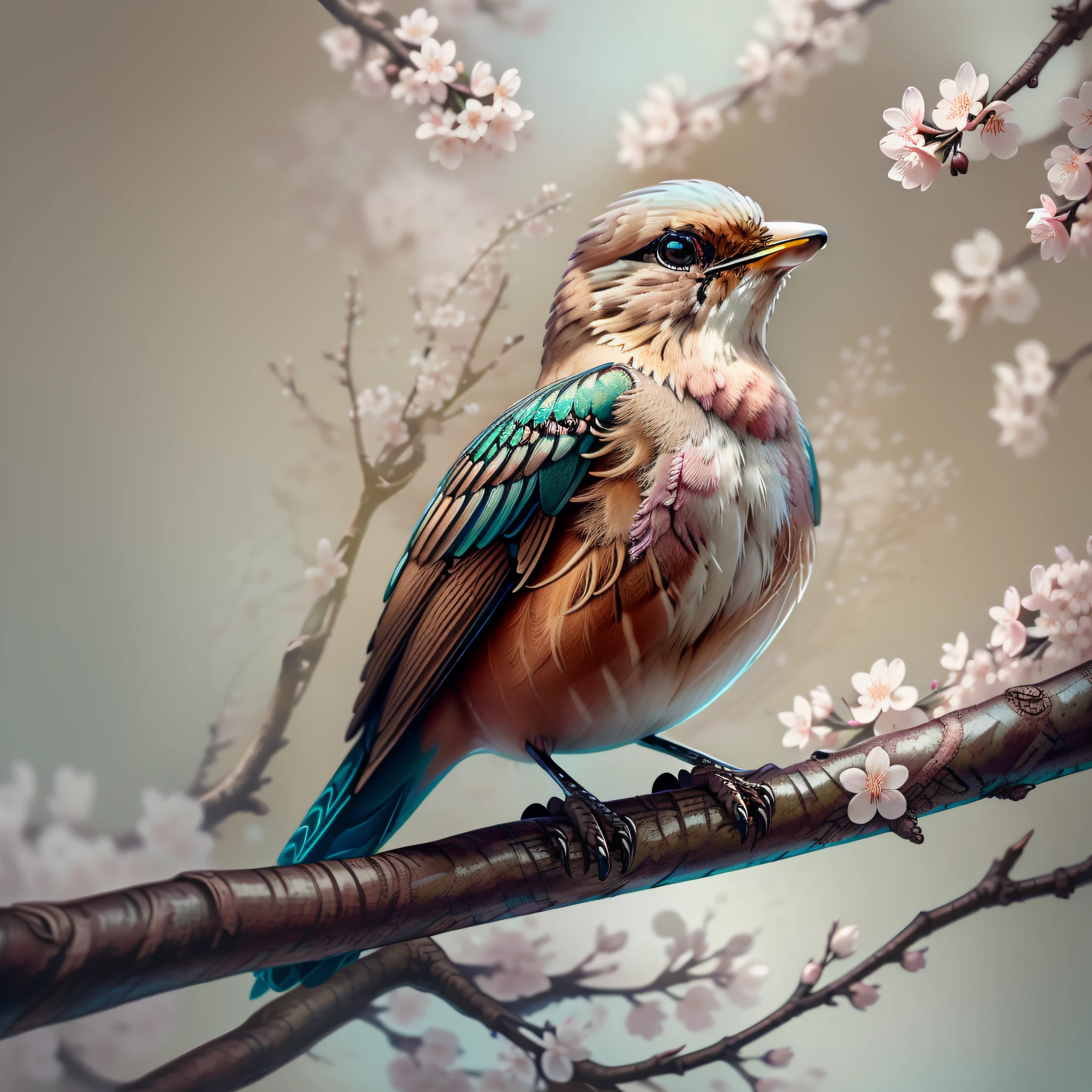 "1 Sparrow bird with open wings flying, cherry blossom, wings open, wings spread upwards, masterpiece of superior quality, officially beautiful art and aesthetics, realistic and detailed 8k, yang08k."