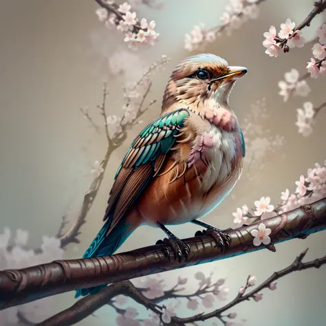 "1 Sparrow bird with open wings flying, cherry blossom, wings open, wings spread upwards, masterpiece of superior quality, offic...