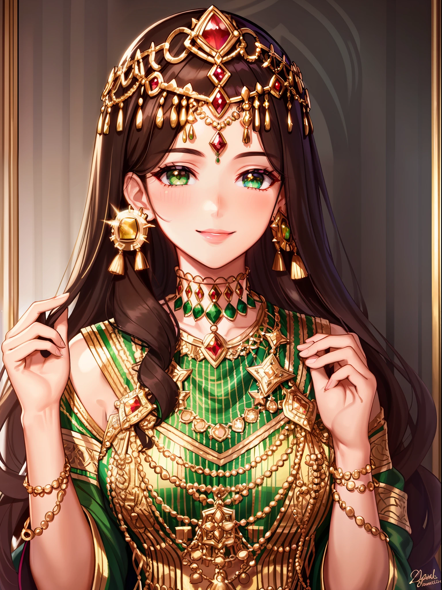 Masterpiece, 4K, woman wearing a Moroccan caftan,(Beautiful dark haired woman:1.2),(Moroccan style:1.2), (upper body focus:1.1), portrait, high quality art, high resolution, high definition, face close up, green eyes, puffy lips, smiling, surprised, blushing, lipstick, beautiful eyes, smooth skin, pretty woman,  golden earrings,