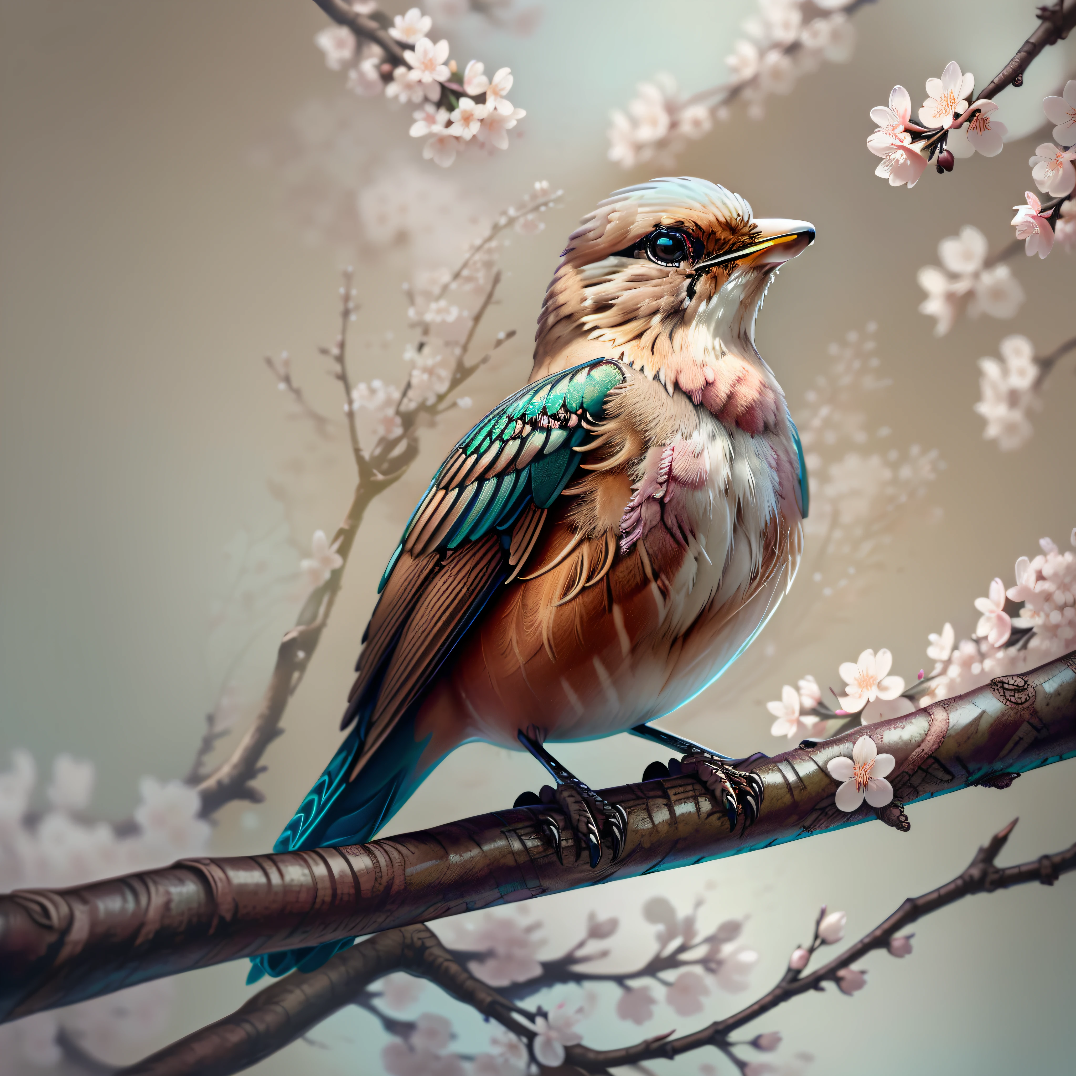"1 Sparrow bird with open wings flying, cherry blossom, wings open, wings spread upwards, masterpiece of superior quality, officially beautiful art and aesthetics, realistic and detailed 8k, yang08k."