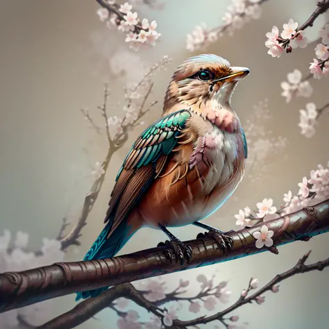 "1 Sparrow bird with open wings flying, cherry blossom, wings open, wings spread upwards, masterpiece of superior quality, offic...