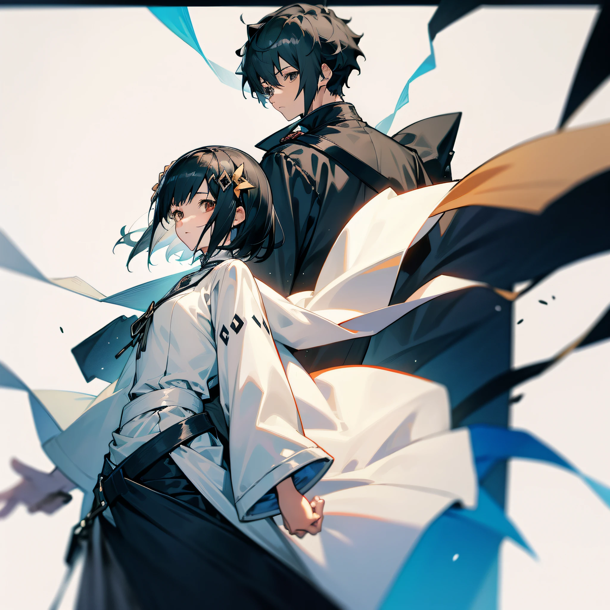 Couple, boy holding girl behind back, boy short black hair, girl beige long hair, girl wearing white dress and coat, boy wearing male high neck long sleeves and coat, anime girl, anime boy