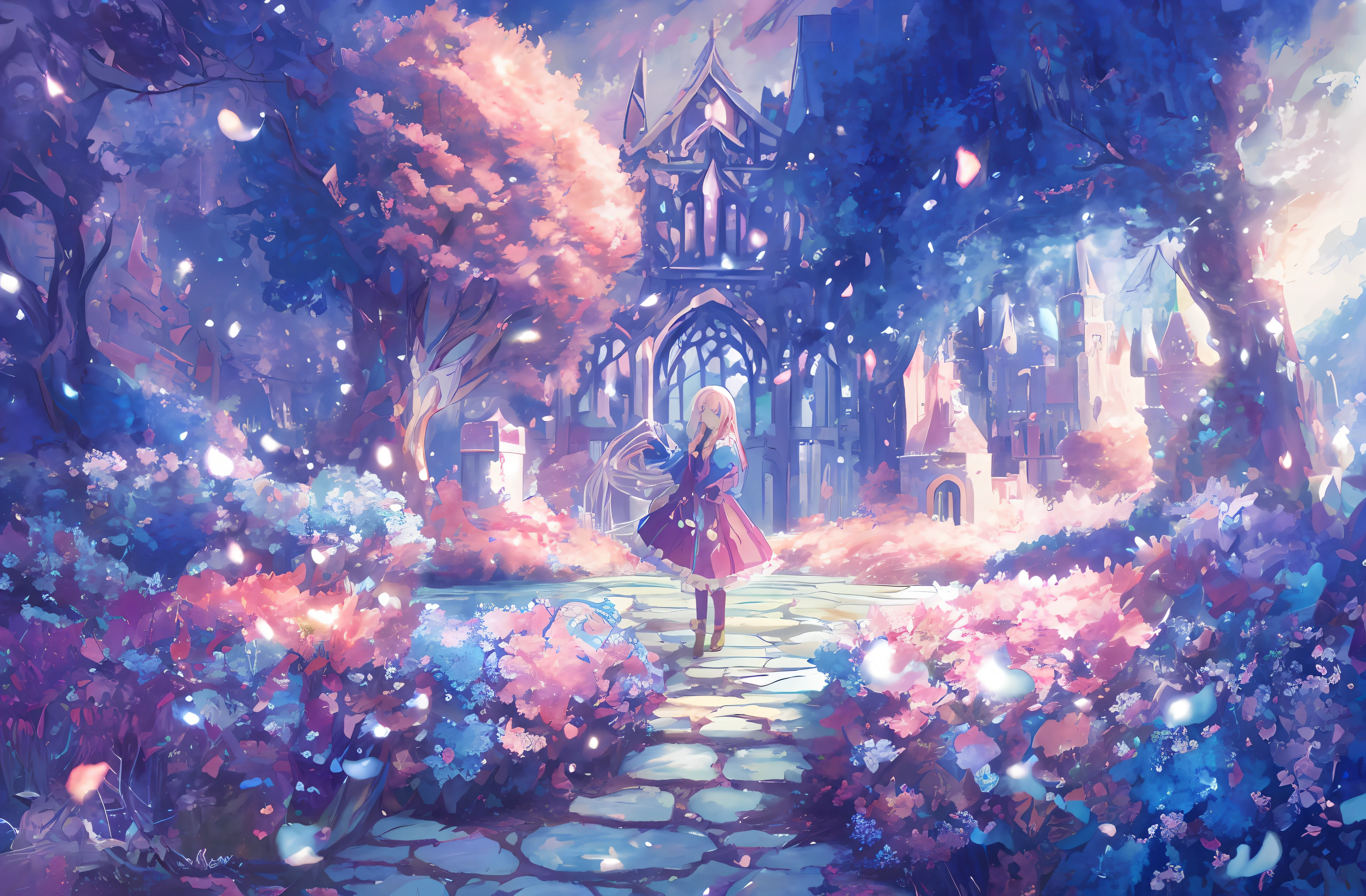 Anime girl in a garden with flowers and a castle - SeaArt AI