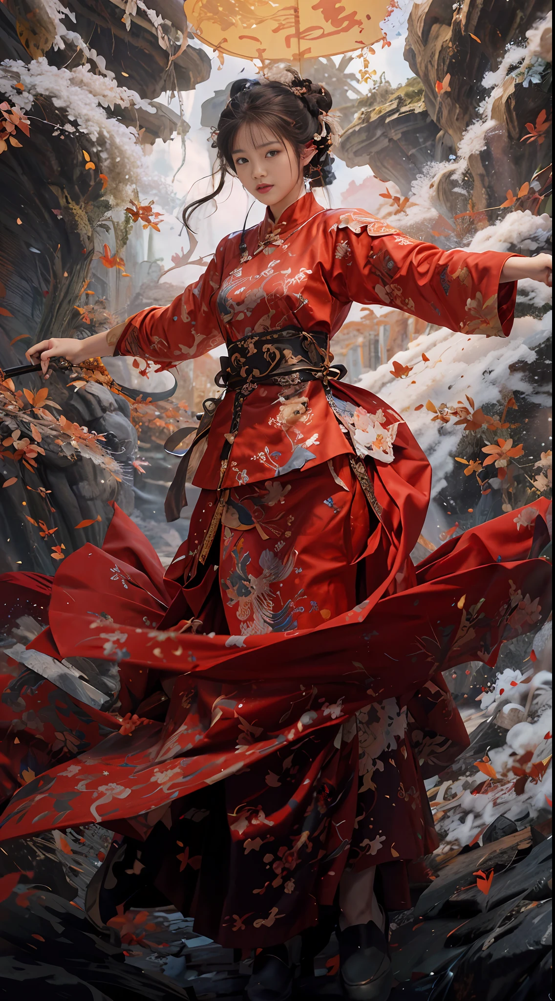 raw photo, best quality, masterpiece, ultra high res, (photorealistic:1.4), Anime a poster, 1hand holding a big long knife, two hands, wear kungfu master cloth, wave, chinese traditional ink style, Maiden Dragon Slayer, main color is red and white and black ink, dynamic movement, dynamic pose, movement, full body::1 Amazing Vector in oil painting environmental art cinematic, diorama, intricate detail, solo, dress, floating_hair