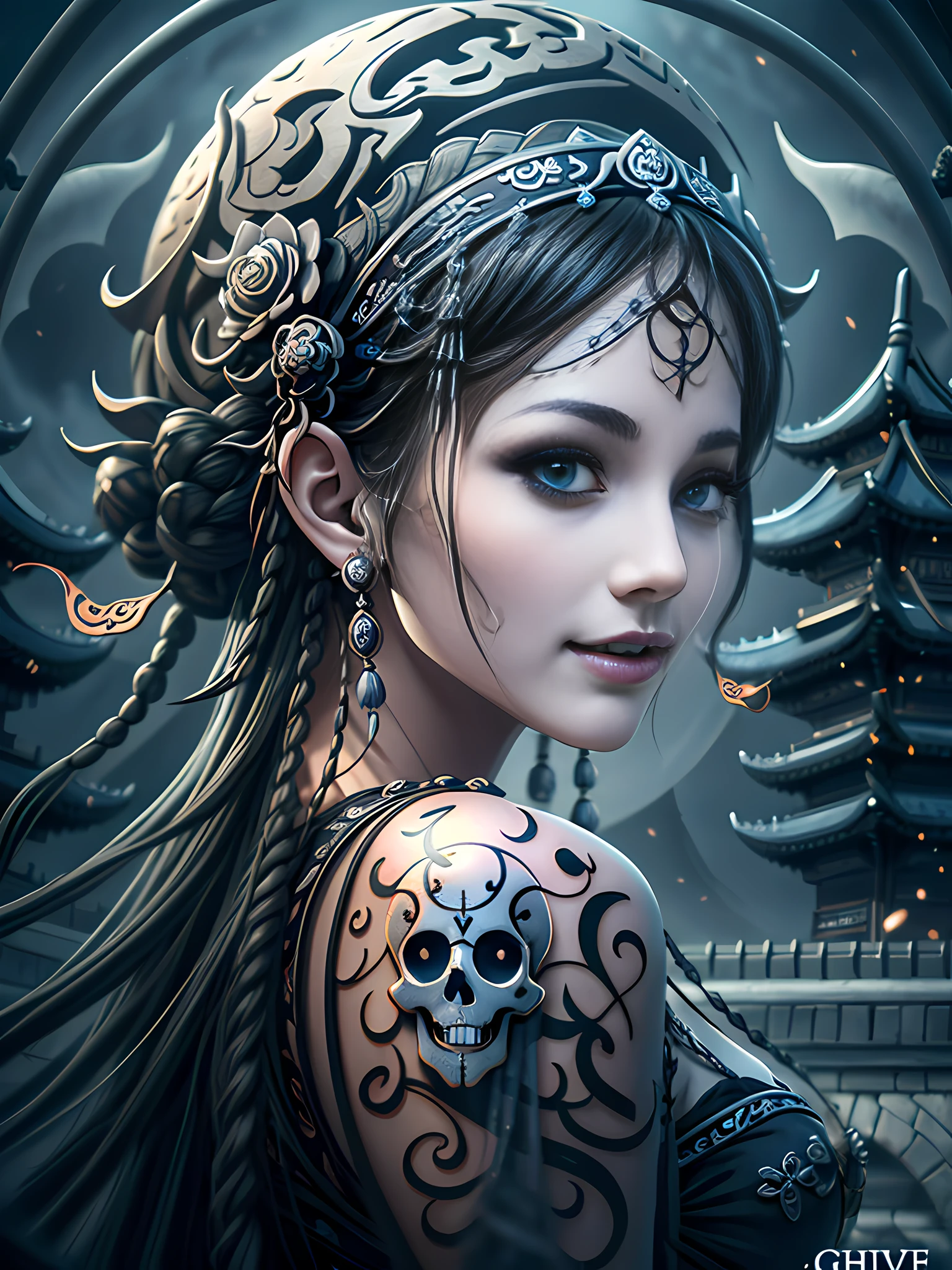 Beautiful Princess of the Underworld Spooky Bad Smile Delicate Tattoo Facing Away Anime 3D Drawing Style 3D Face Very Delicate Face Dark Late Night Black Sky Horror ((Cold Complex Skull Accessories )) (Guvez style artwork) ((Black Chinese-style underground palace with huge complex structure in background))Leica lens Depth of Field (Masterpiece, Top Quality, Best Quality, Official Art, Beauty and Aesthetics: 1.2), (1girl: 1.3), (Fractal Art) --V6 --q2 --s10