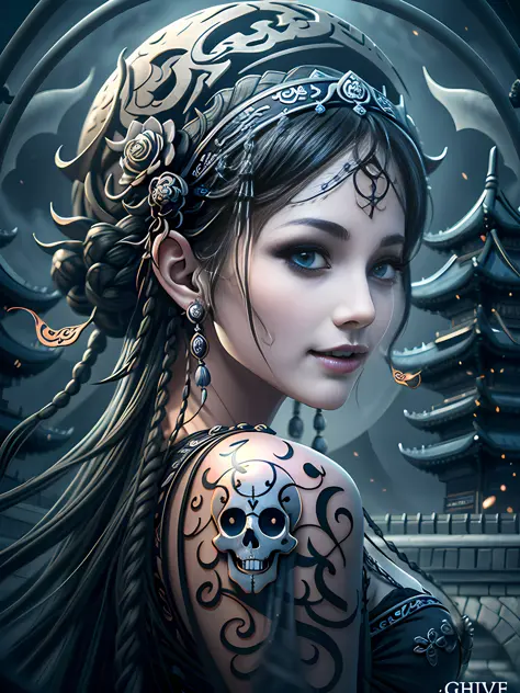 Beautiful Princess of the Underworld Spooky Bad Smile Delicate Tattoo Facing Away Anime 3D Drawing Style 3D Face Very Delicate F...