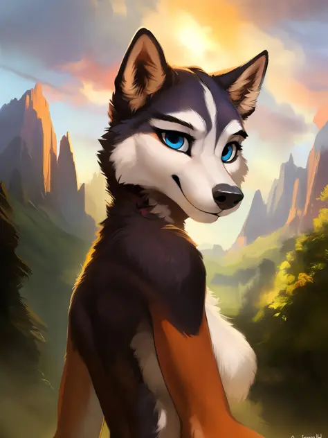 a beautiful and detailed portrait of a female anthro husky, kenket, Ross Tran,ruan jia, trending on artstation,foxovh, cenematic lighting, no clothing,smile
Forest, mountains, clouds, distant river, blue eyes