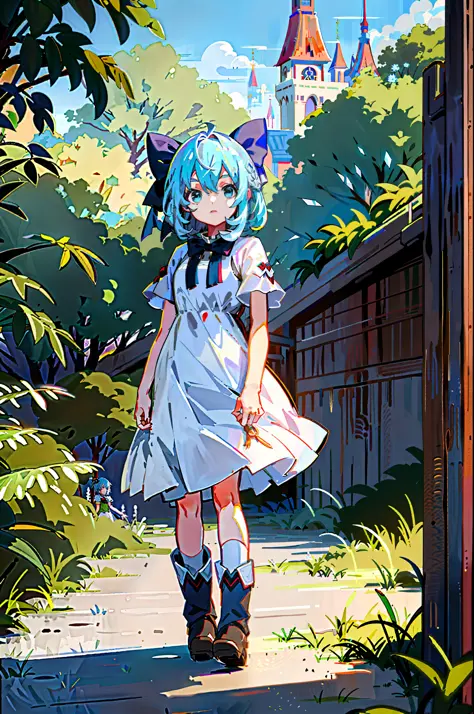 with a height of 110cm, she is dressed in a white clean dress, boots, blue hair, and the image of an innocent and cute young gir...