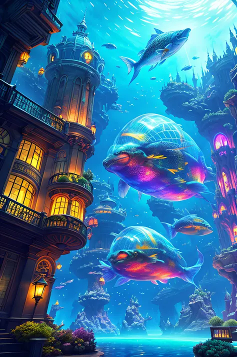 Fantasy concept art, a transparent building as a huge aquarium with fish at night, beautiful light decoration, wide angle lens, 8k octane rendering, realistic, epic shots, movie lighting, detailed architecture, detailed fish, brilliant and colorful