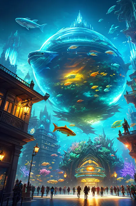 Fantasy concept art, a transparent building as a huge aquarium with fish at night, beautiful light decoration, wide angle lens, 8k octane rendering, realistic, epic shots, movie lighting, detailed architecture, detailed fish, brilliant and colorful